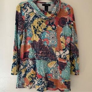 Ali Miles Abstract Print Cowl Neck Oversized Tunic Top S